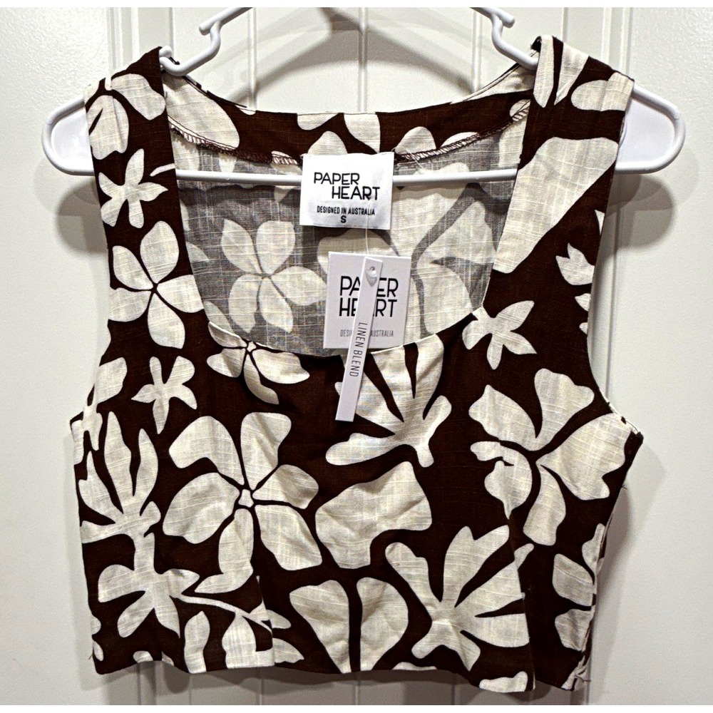 Paper Heart Women's Floral Square Neck Cropped Tank Brown/White, S NWT